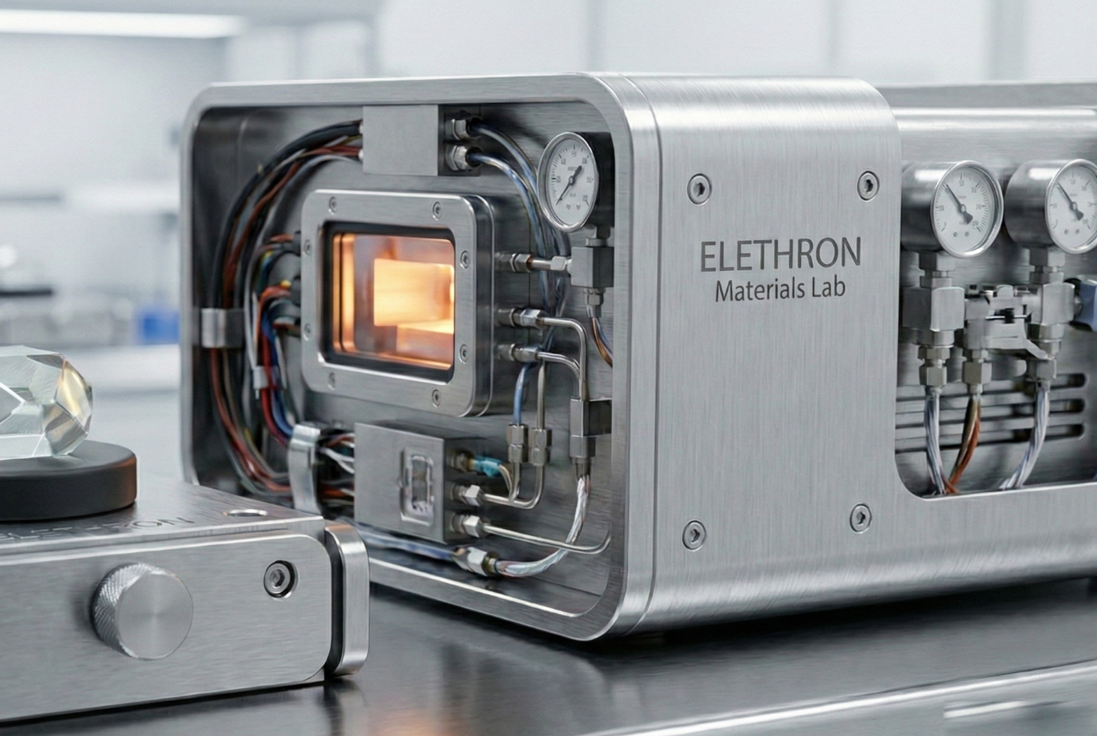 Elethron Materials Lab — brushed-steel microgravity materials-processing unit with a glowing high-temperature chamber and a grown crystal alongside.